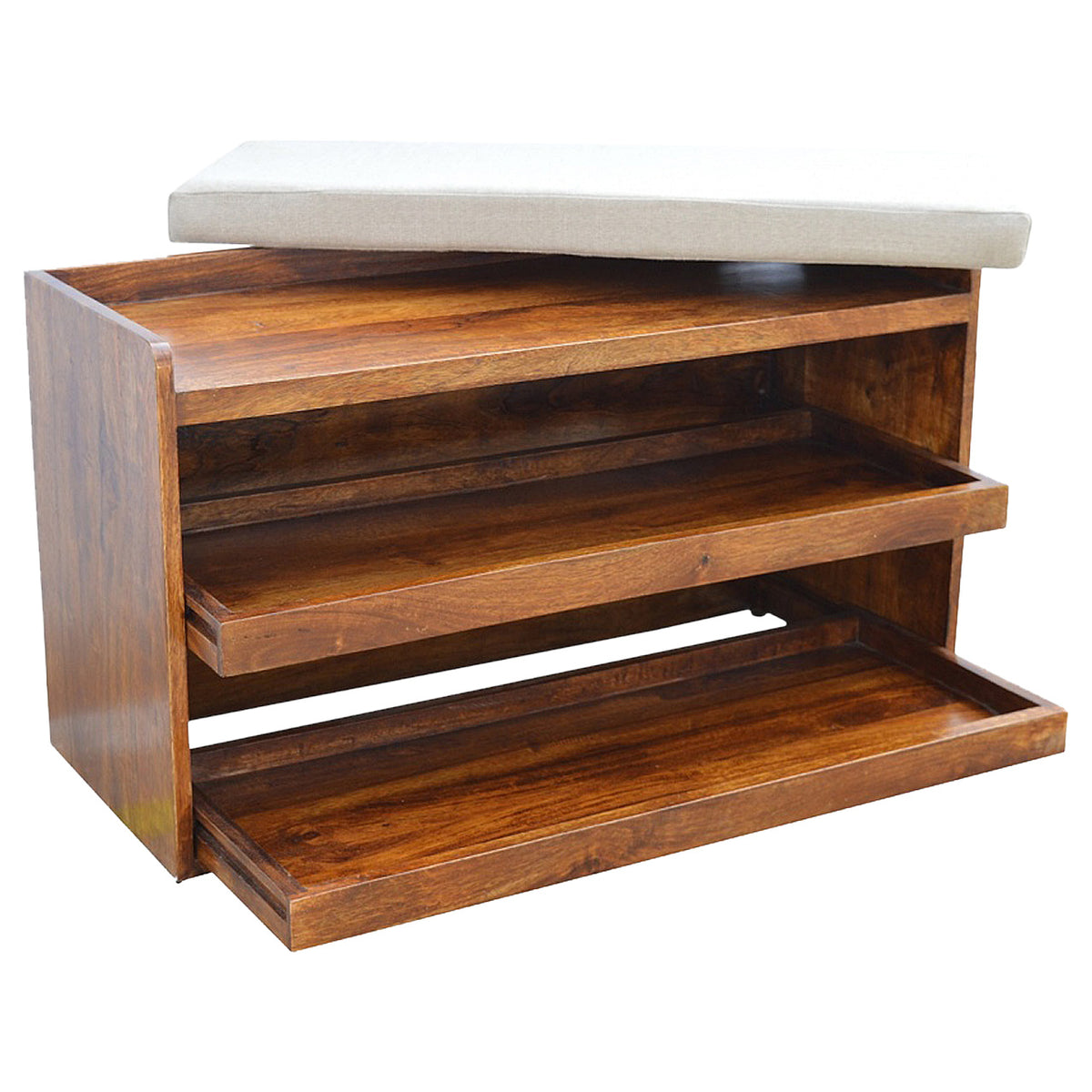 Solid Wood 2-Tier Shoe Storage Bench with Cushion
