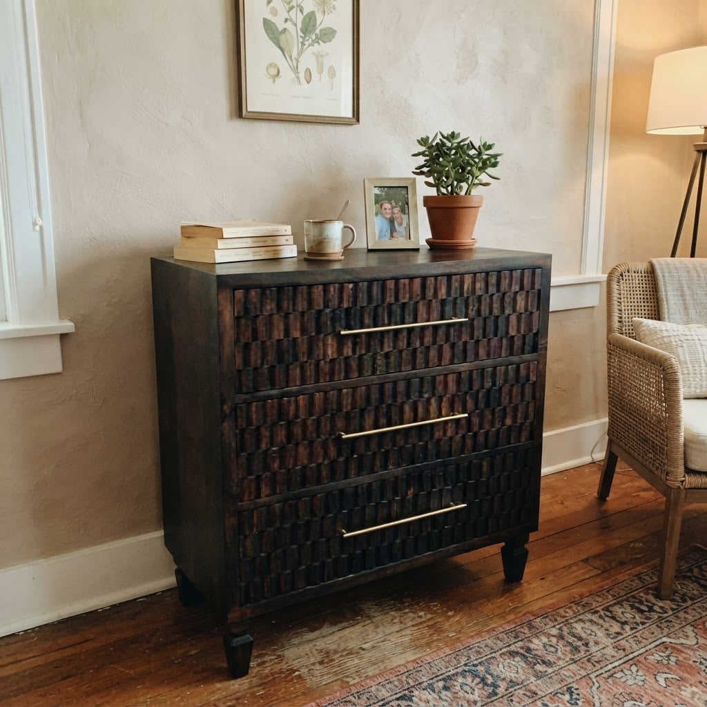 Solid Wood 3-Drawer Textured Chest