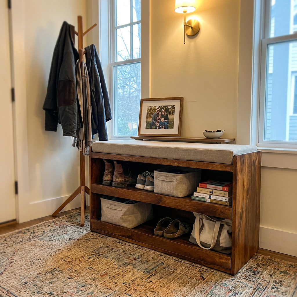 Solid Wood 2-Tier Shoe Storage Bench with Cushion