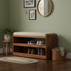 Solid Wood 2-Tier Shoe Storage Bench with Cushion