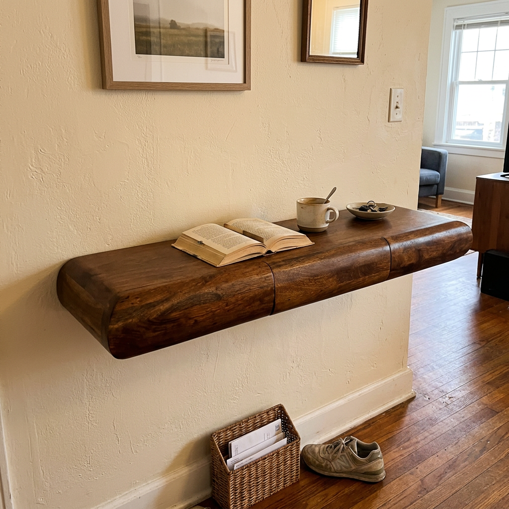 Solid Wood Floating Curved Shelf Desk