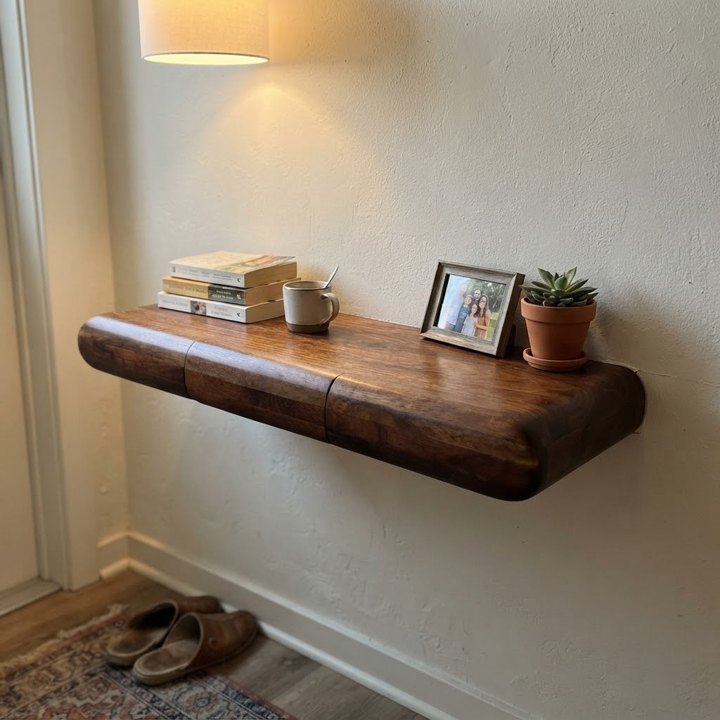 Solid Wood Floating Curved Shelf Desk
