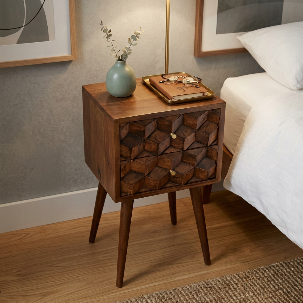Solid Wood Geometric 3D Cube Nightstand