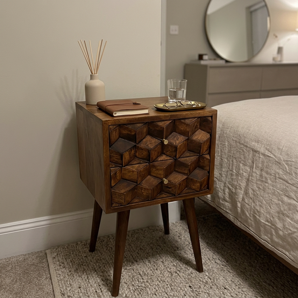 Solid Wood Geometric 3D Cube Nightstand
