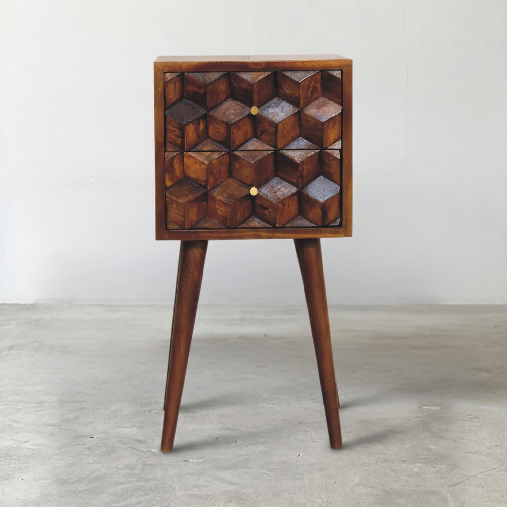 Solid Wood Geometric 3D Cube Nightstand