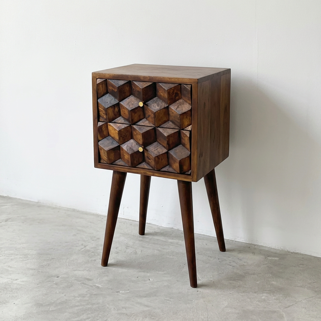 Solid Wood Geometric 3D Cube Nightstand