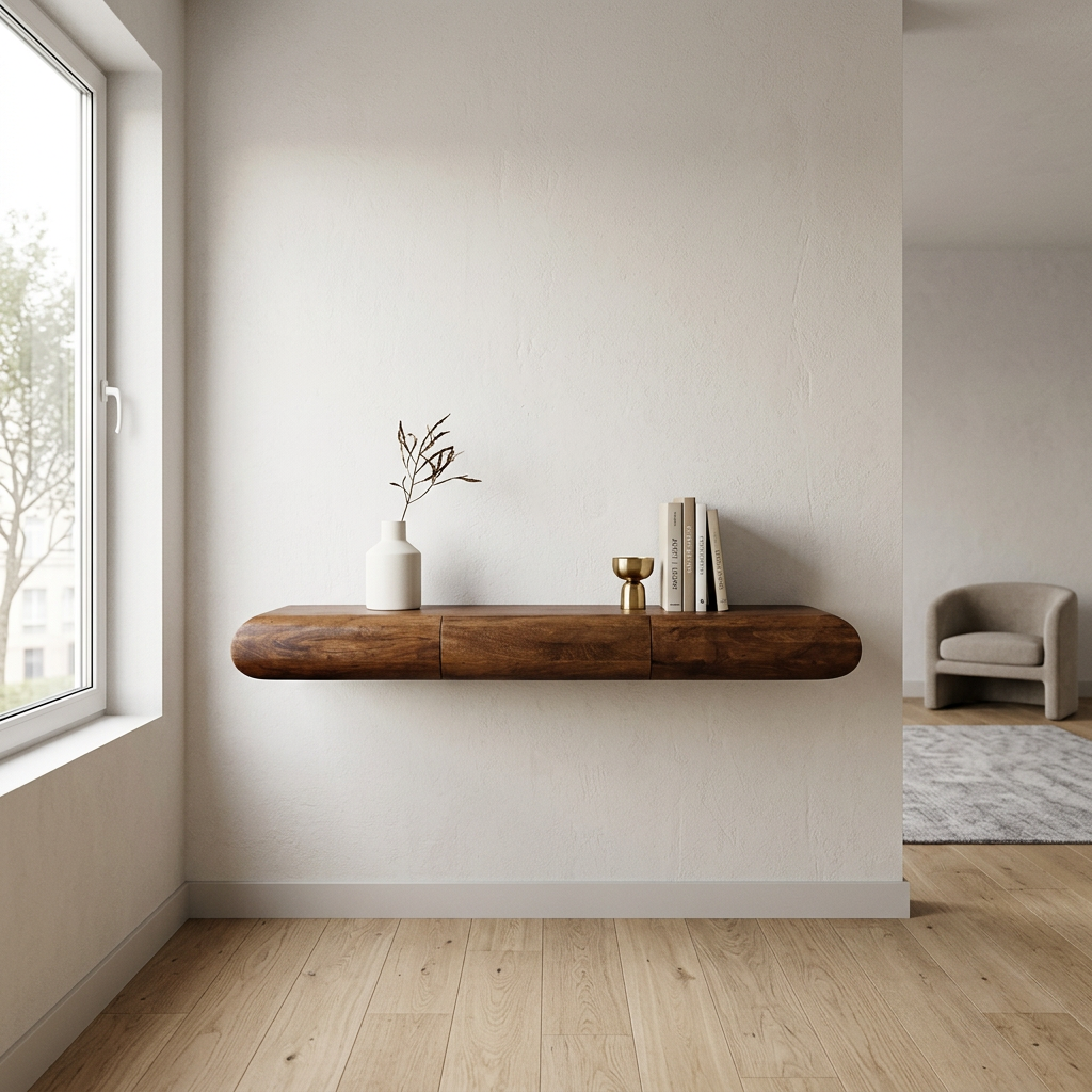 Solid Wood Floating Curved Shelf Desk