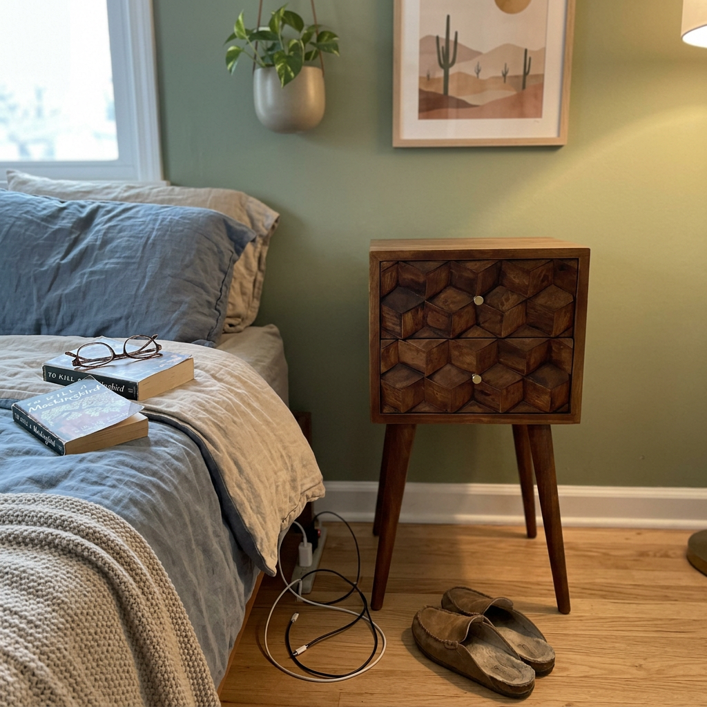 Solid Wood Geometric 3D Cube Nightstand
